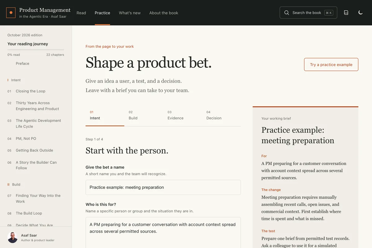 The actual practice workspace, with prompts for developing a product bet.