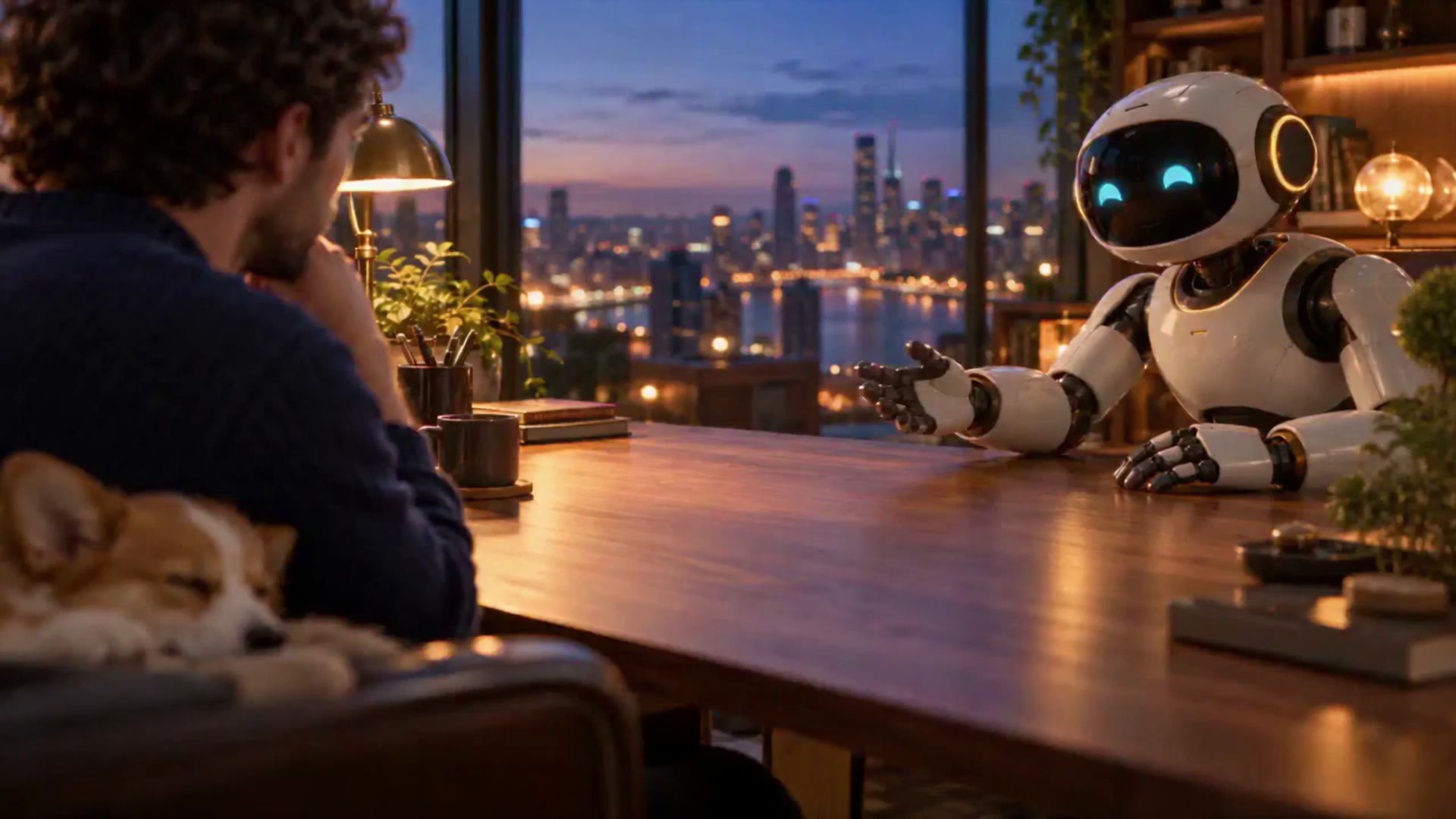 A human, a corgi and a friendly robot sharing a warm studio overlooking the city.