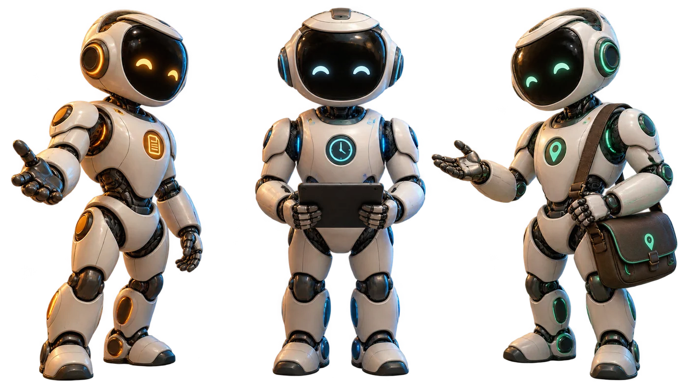 Three friendly agents, each with a different role, ready to work together.