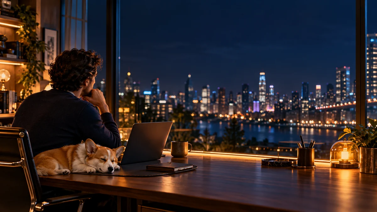 A person and a resting corgi at a desk, overlooking the city at night.