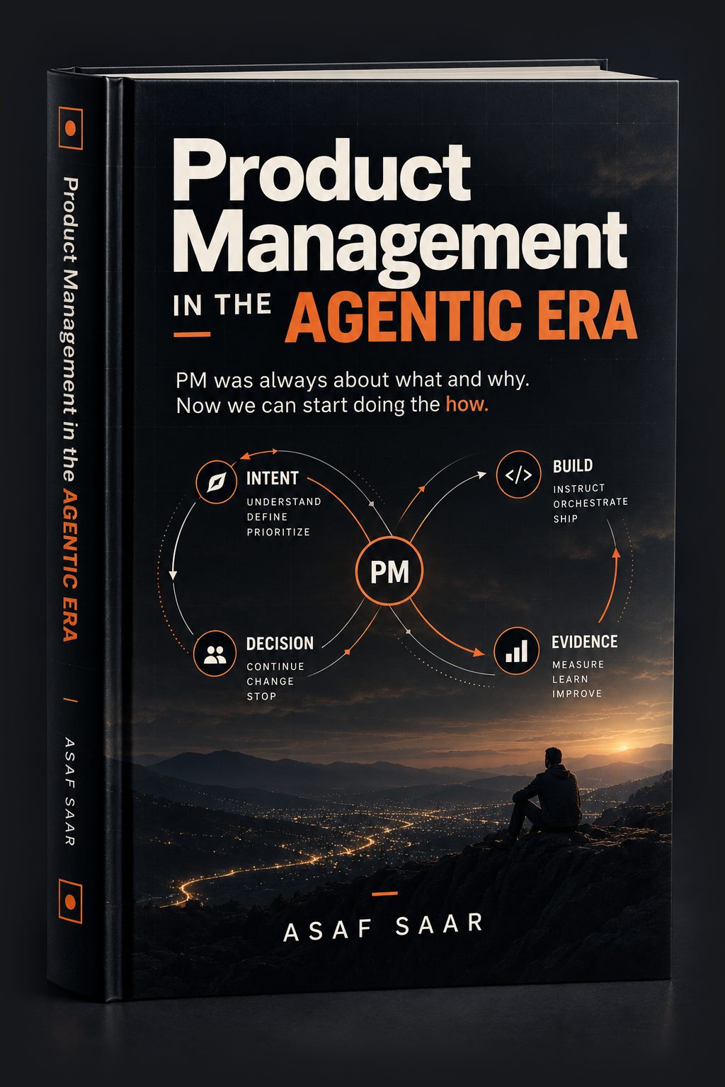 Book cover: Product Management in the Agentic Era, by Asaf Saar. A dark hardcover with the title in ivory and orange and an infinity loop connecting Intent, Build, Evidence and Decision around the letters PM.
